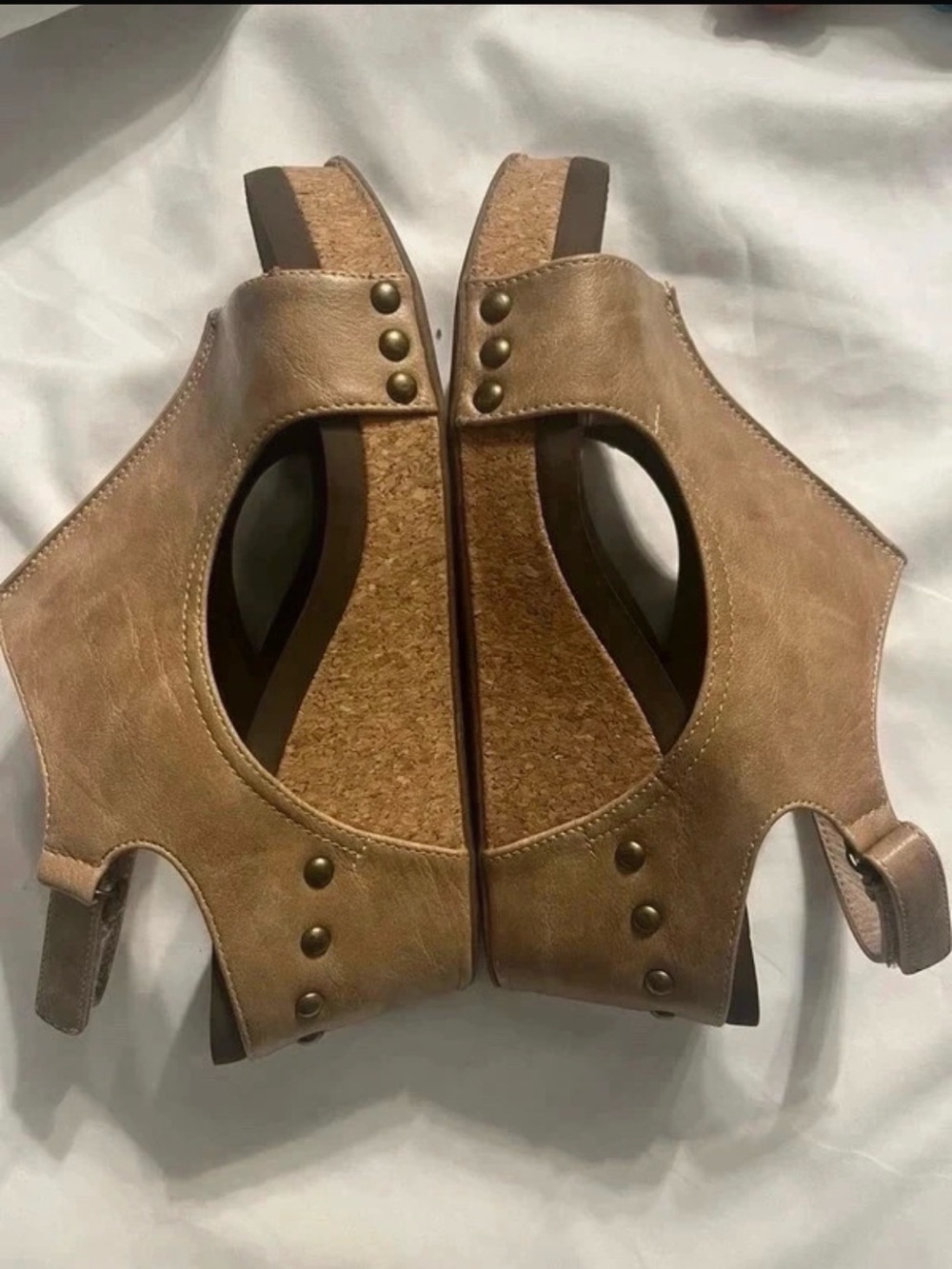 Corkys Tan Leather Cork Wedge Sandals with Stud Accents Carley - Picture 2 of 6